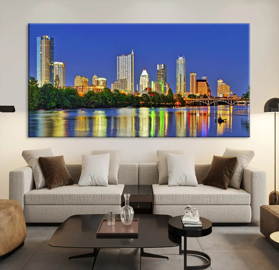 Austin City Night Blue Skyline Wall Art Framed Large Cityscape Canvas Print