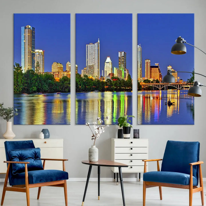 Austin City Night Blue Skyline Wall Art Framed Large Cityscape Canvas Print