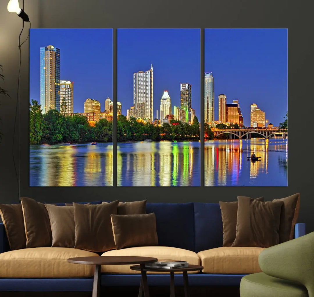 Austin City Night Blue Skyline Wall Art Framed Large Cityscape Canvas Print