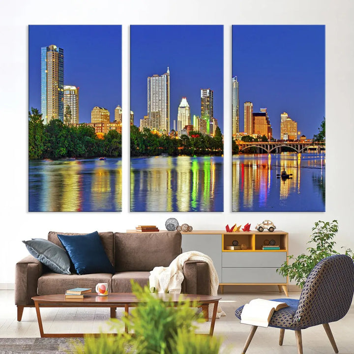 Austin City Night Blue Skyline Wall Art Framed Large Cityscape Canvas Print