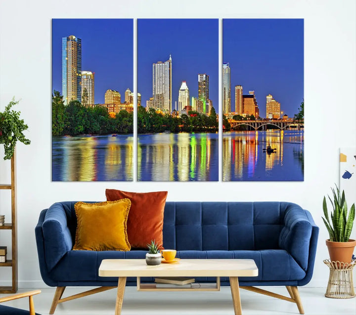 Austin City Night Blue Skyline Wall Art Framed Large Cityscape Canvas Print