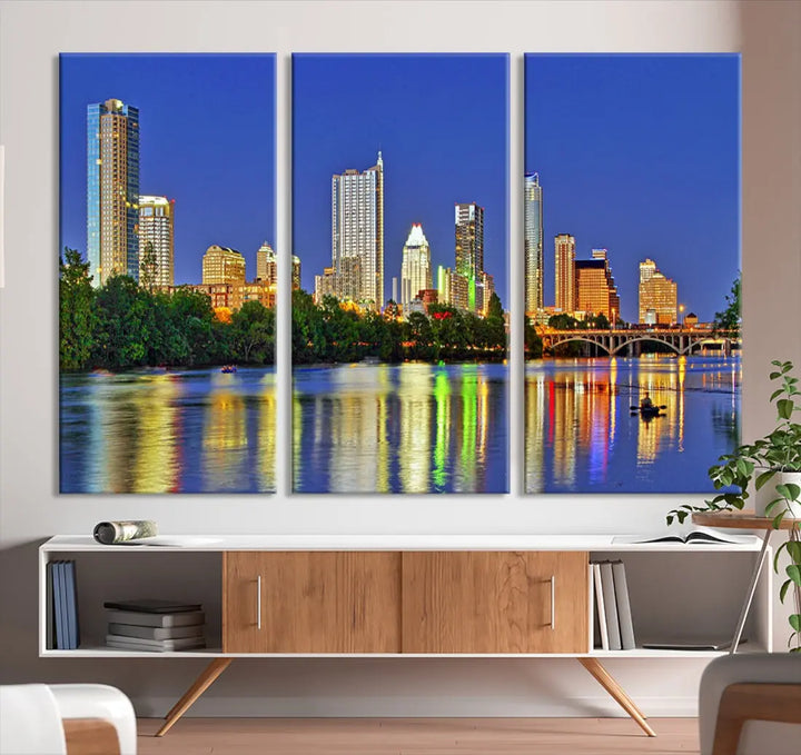 Austin City Night Blue Skyline Wall Art Framed Large Cityscape Canvas Print