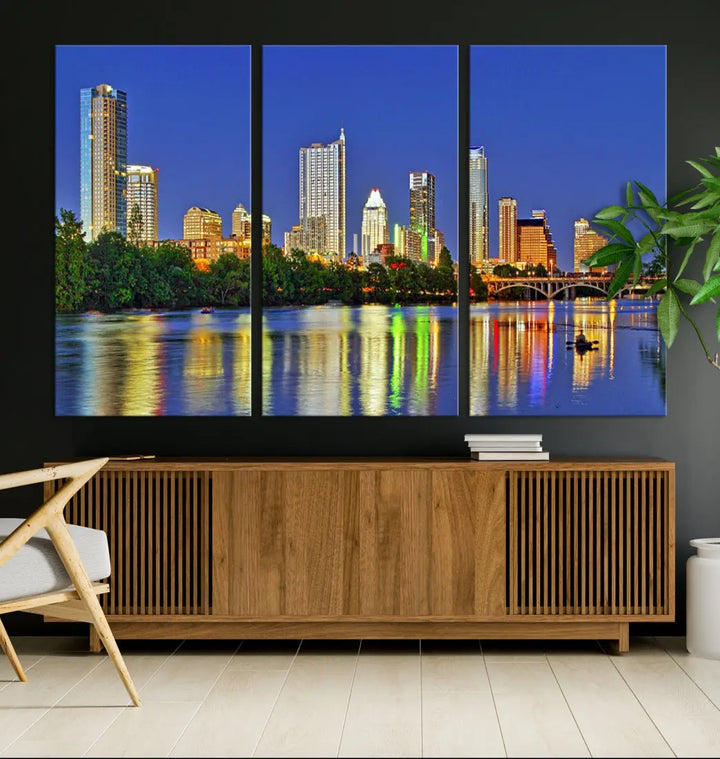 Austin City Night Blue Skyline Wall Art Framed Large Cityscape Canvas Print