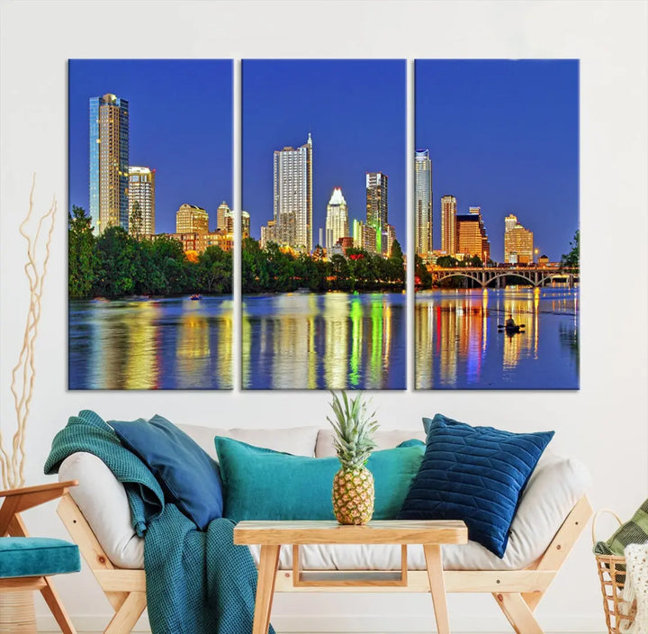 Austin City Night Blue Skyline Wall Art Framed Large Cityscape Canvas Print