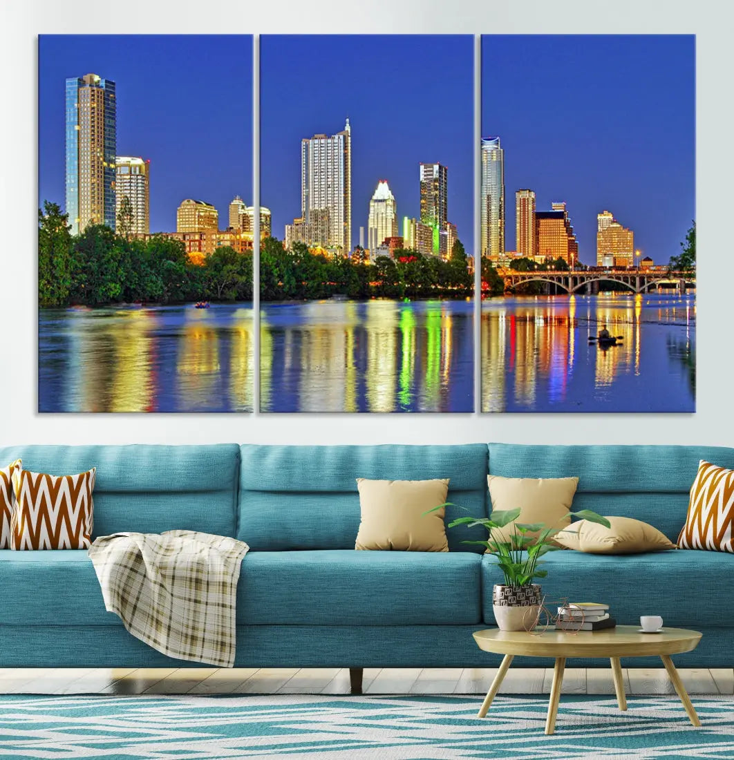 Austin City Night Blue Skyline Wall Art Framed Large Cityscape Canvas Print