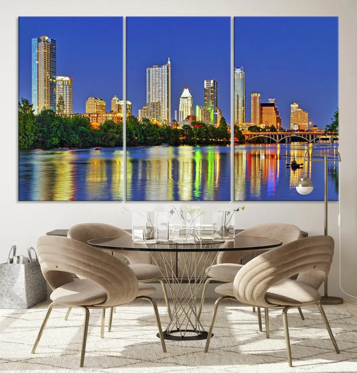 Austin City Night Blue Skyline Wall Art Framed Large Cityscape Canvas Print