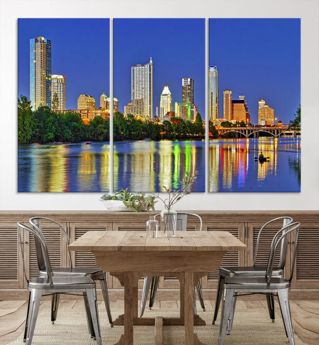 Austin City Night Blue Skyline Wall Art Framed Large Cityscape Canvas Print