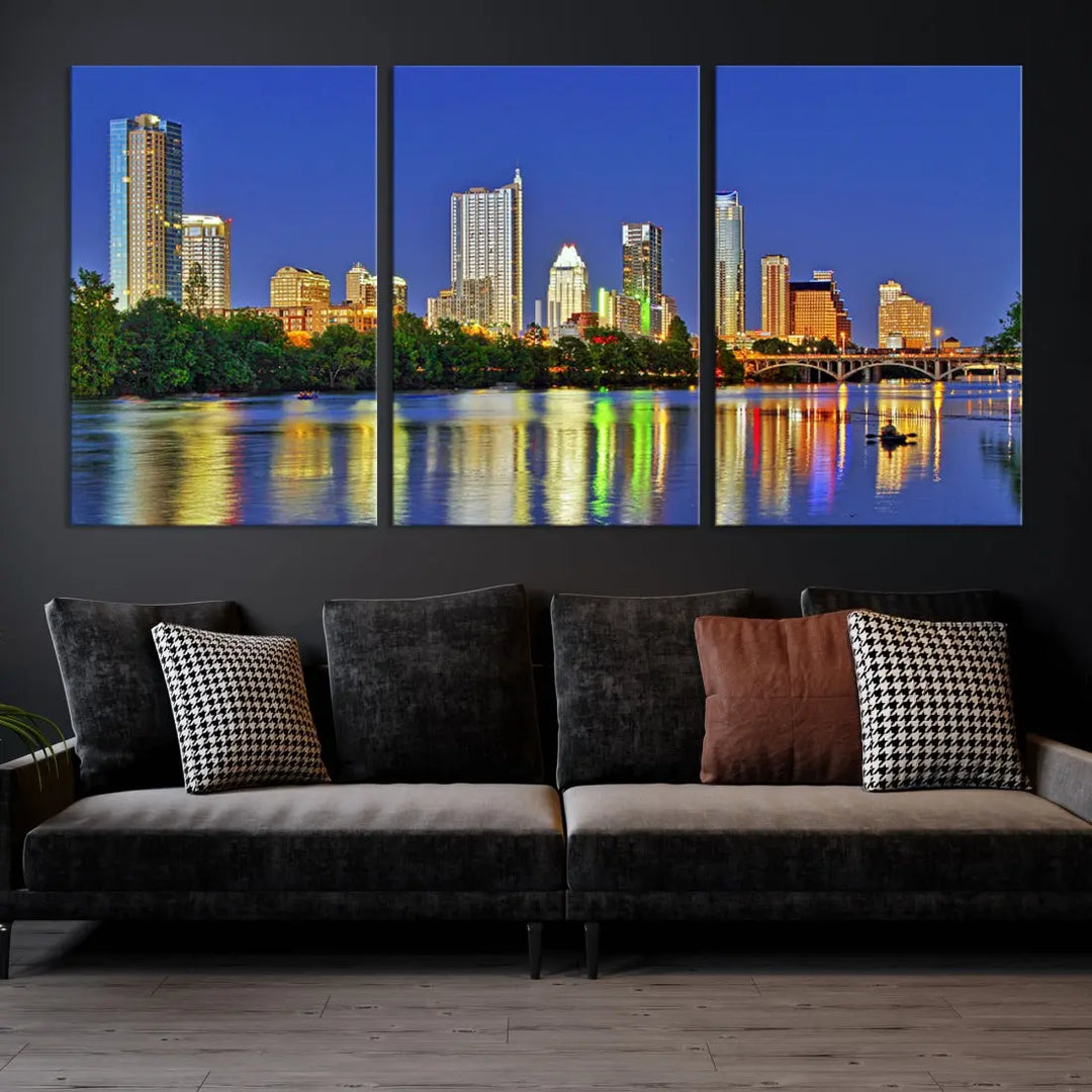 Austin City Night Blue Skyline Wall Art Framed Large Cityscape Canvas Print