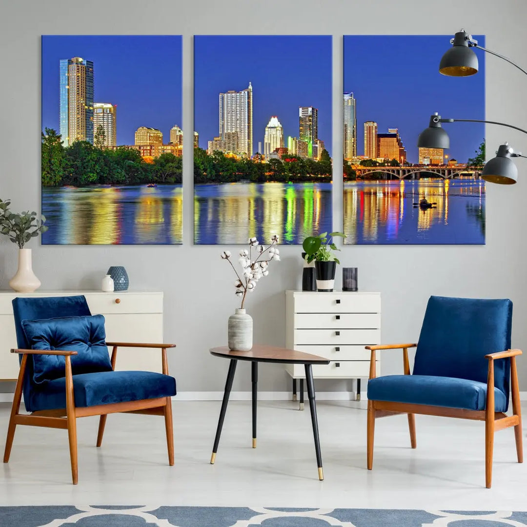 Austin City Night Blue Skyline Wall Art Framed Large Cityscape Canvas Print