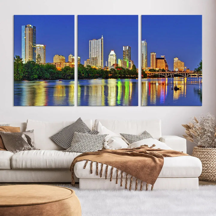 Austin City Night Blue Skyline Wall Art Framed Large Cityscape Canvas Print