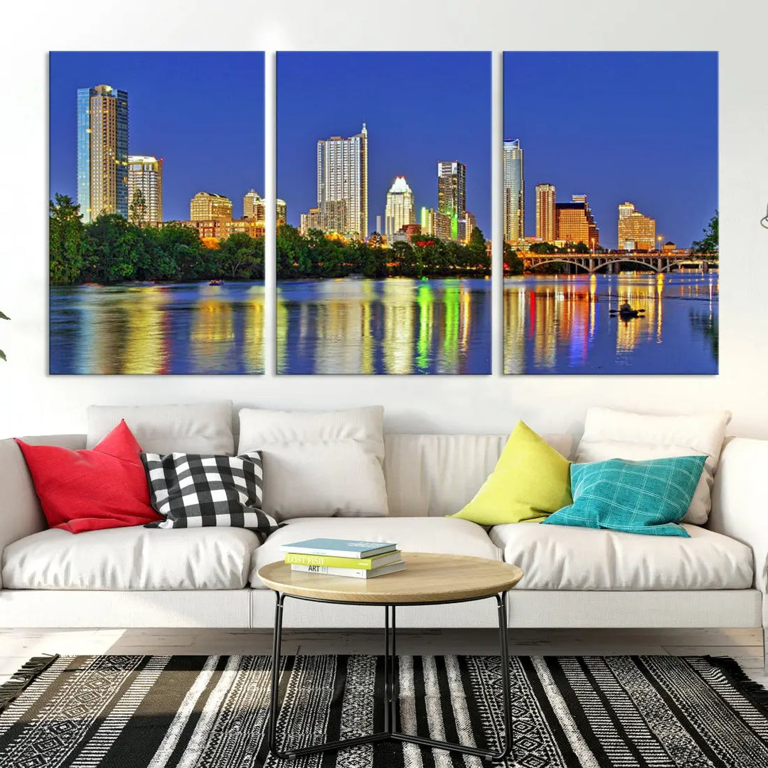 Austin City Night Blue Skyline Wall Art Framed Large Cityscape Canvas Print