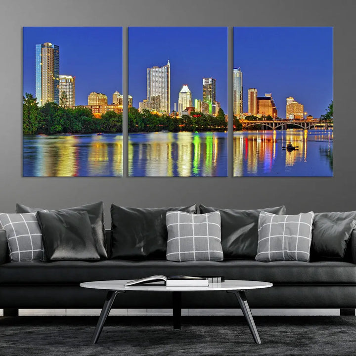 Austin City Night Blue Skyline Wall Art Framed Large Cityscape Canvas Print