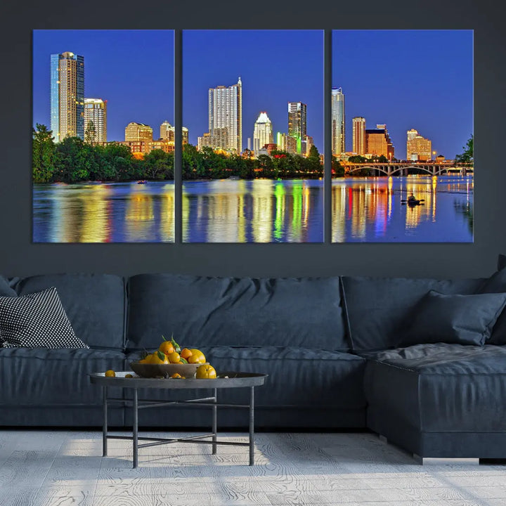 Austin City Night Blue Skyline Wall Art Framed Large Cityscape Canvas Print