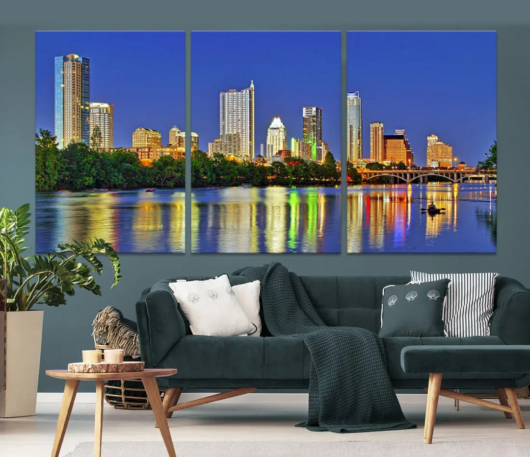 Austin City Night Blue Skyline Wall Art Framed Large Cityscape Canvas Print