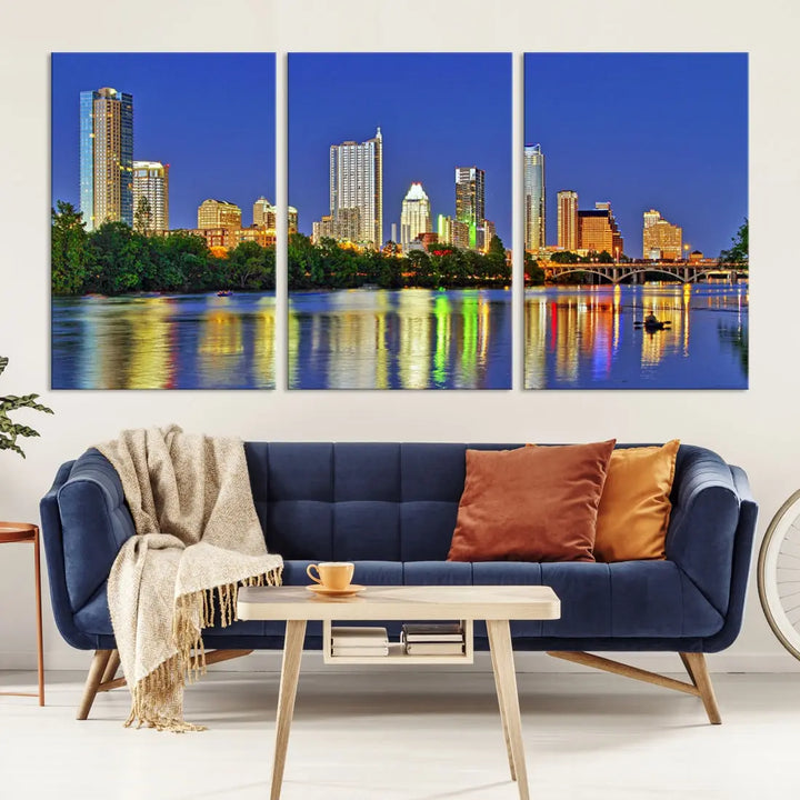 Austin City Night Blue Skyline Wall Art Framed Large Cityscape Canvas Print