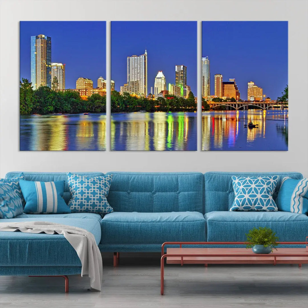 Austin City Night Blue Skyline Wall Art Framed Large Cityscape Canvas Print