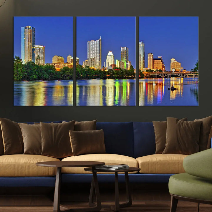 Austin City Night Blue Skyline Wall Art Framed Large Cityscape Canvas Print