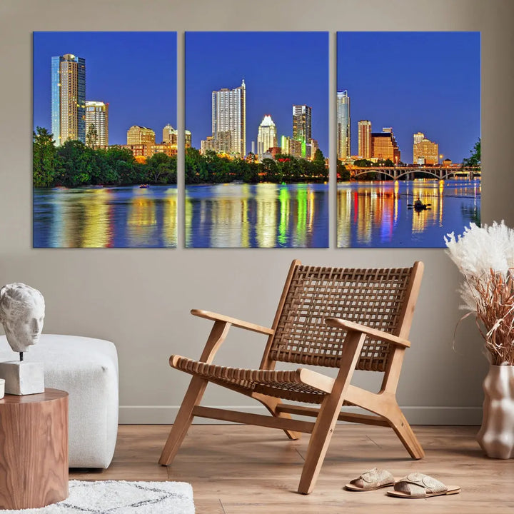 Austin City Night Blue Skyline Wall Art Framed Large Cityscape Canvas Print