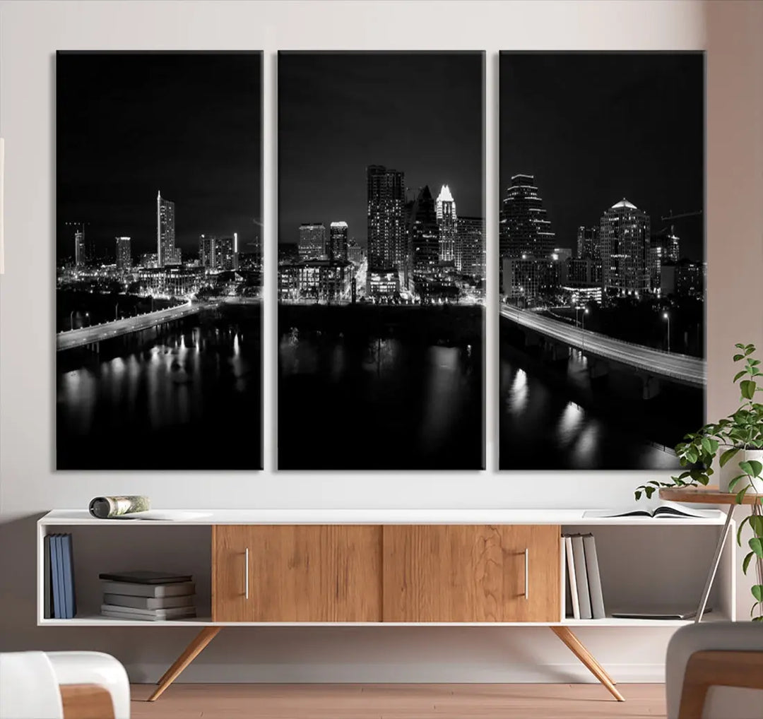 Austin City Skyline Black and White Cityscape Wall Art Large Canvas Print