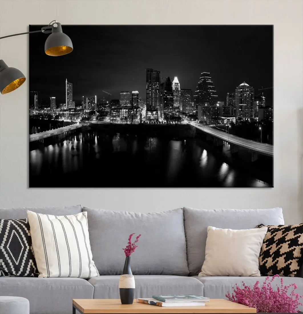 Austin City Skyline Black and White Cityscape Wall Art Large Canvas Print