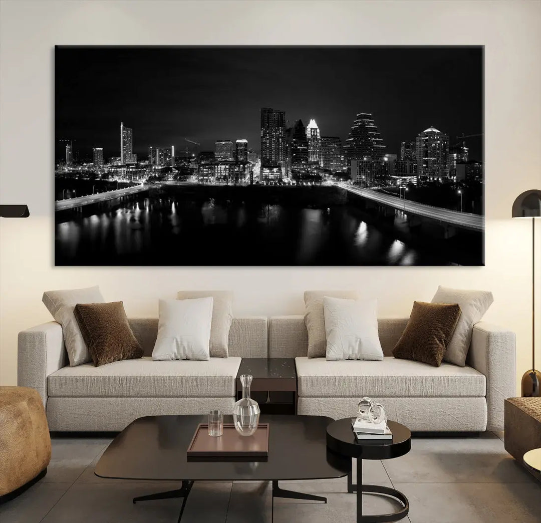 Austin City Skyline Black and White Cityscape Wall Art Large Canvas Print