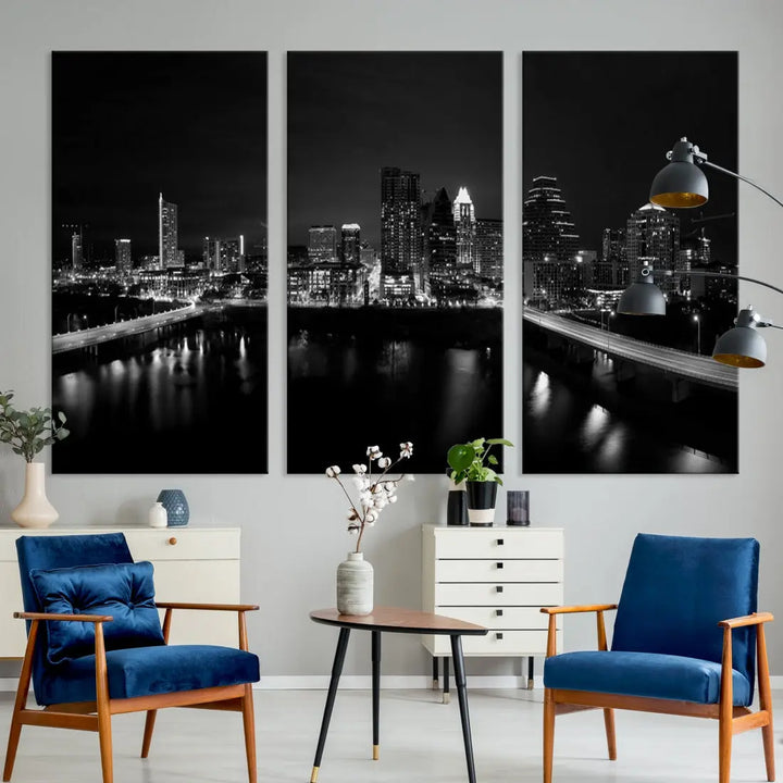 Austin City Skyline Black and White Cityscape Wall Art Large Canvas Print