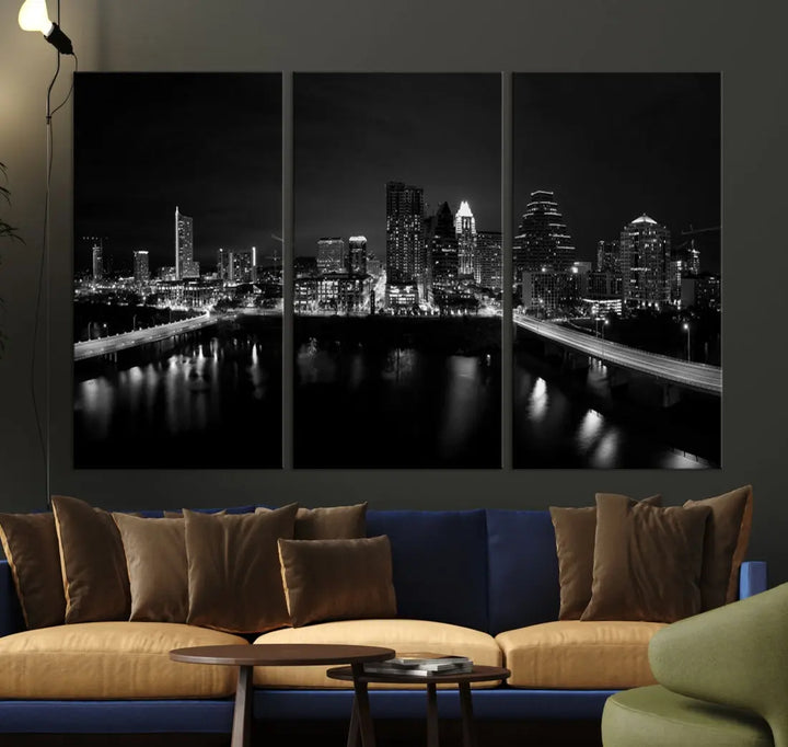 Austin City Skyline Black and White Cityscape Wall Art Large Canvas Print