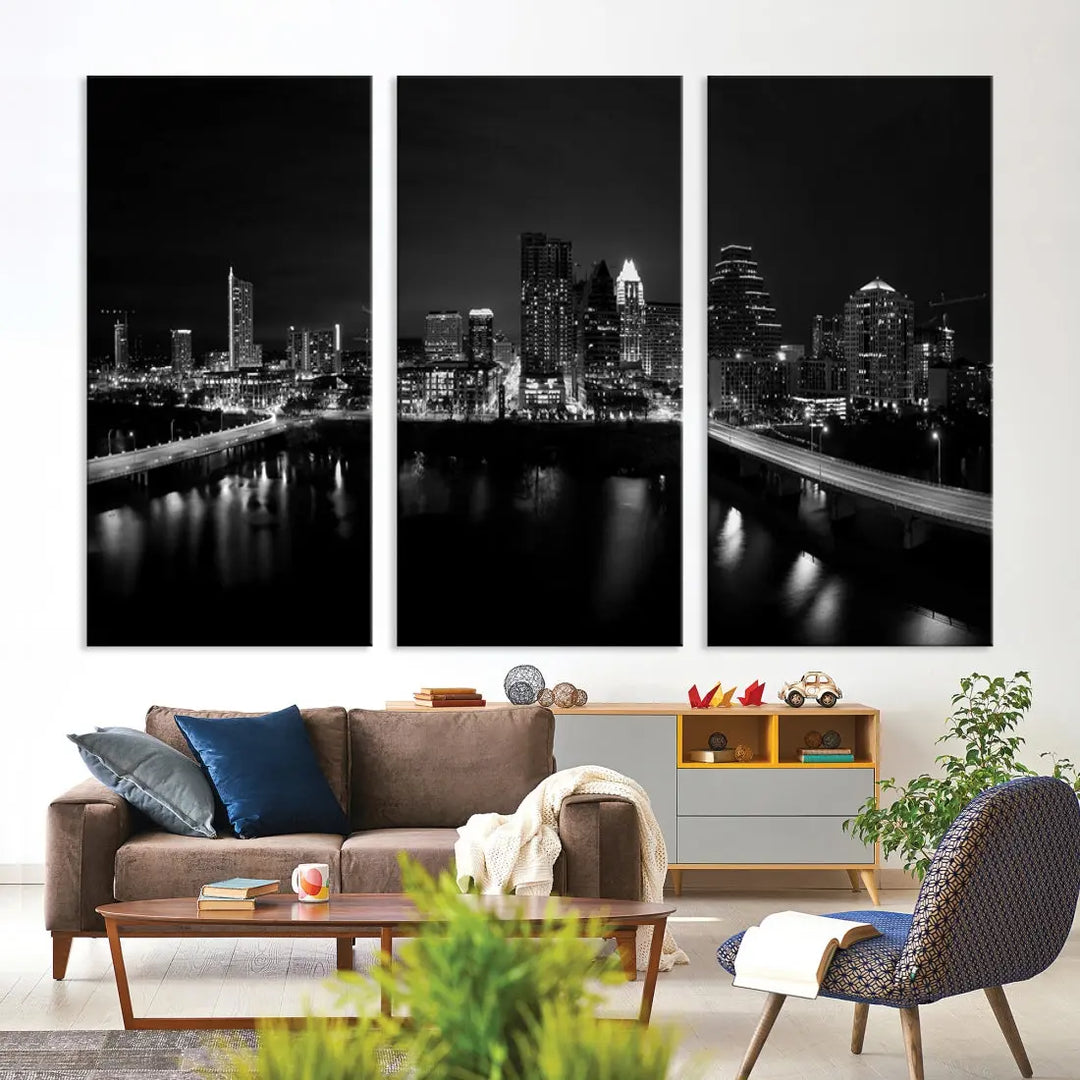 Austin City Skyline Black and White Cityscape Wall Art Large Canvas Print