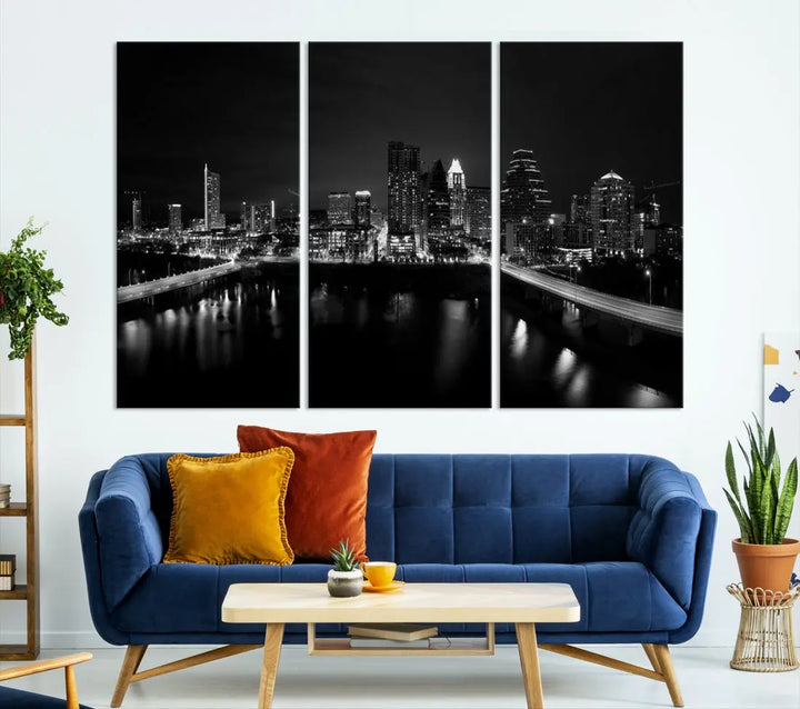 Austin City Skyline Black and White Cityscape Wall Art Large Canvas Print