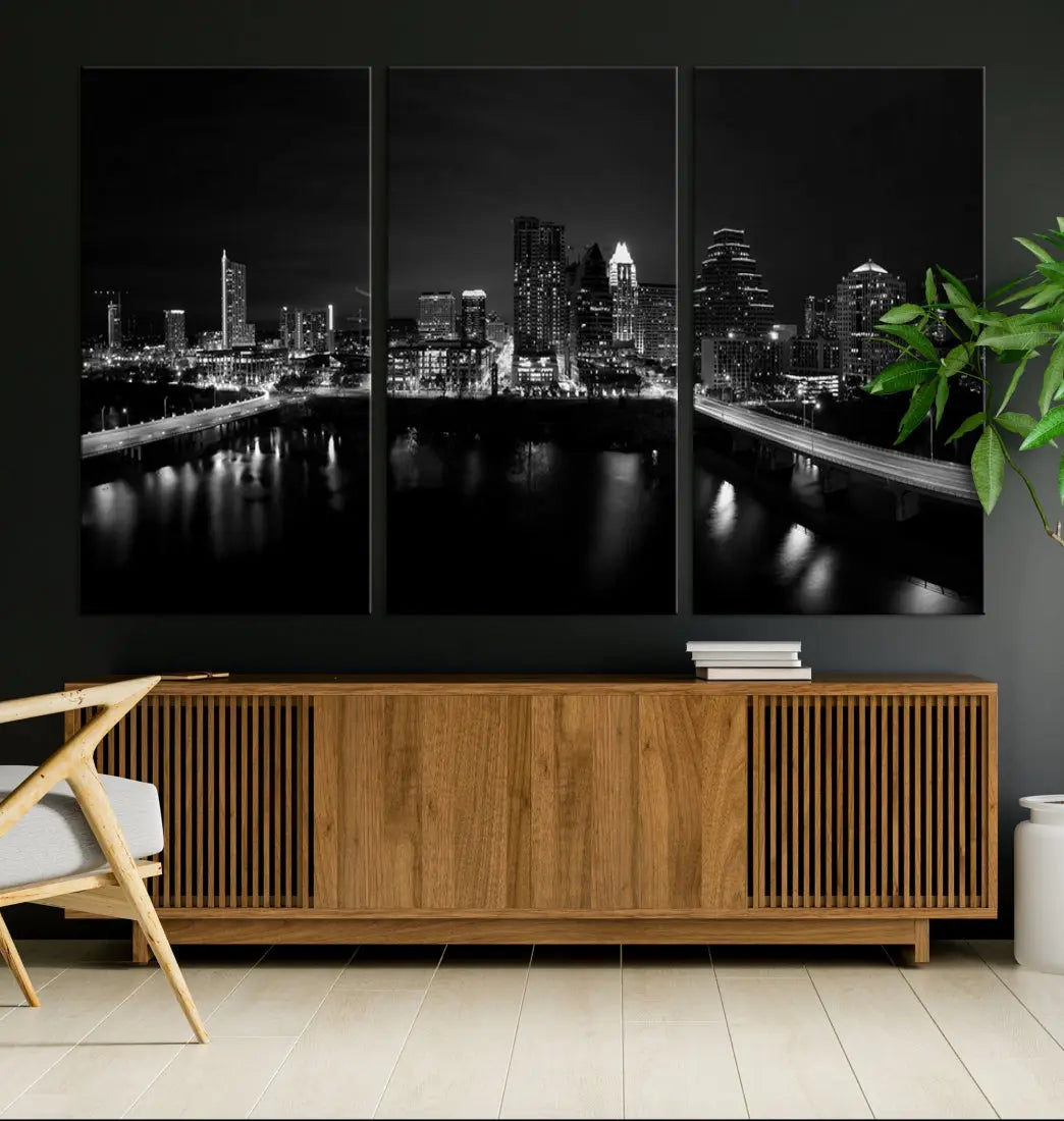 Austin City Skyline Black and White Cityscape Wall Art Large Canvas Print