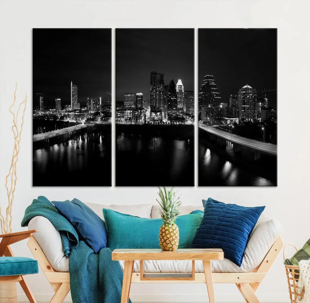 Austin City Skyline Black and White Cityscape Wall Art Large Canvas Print