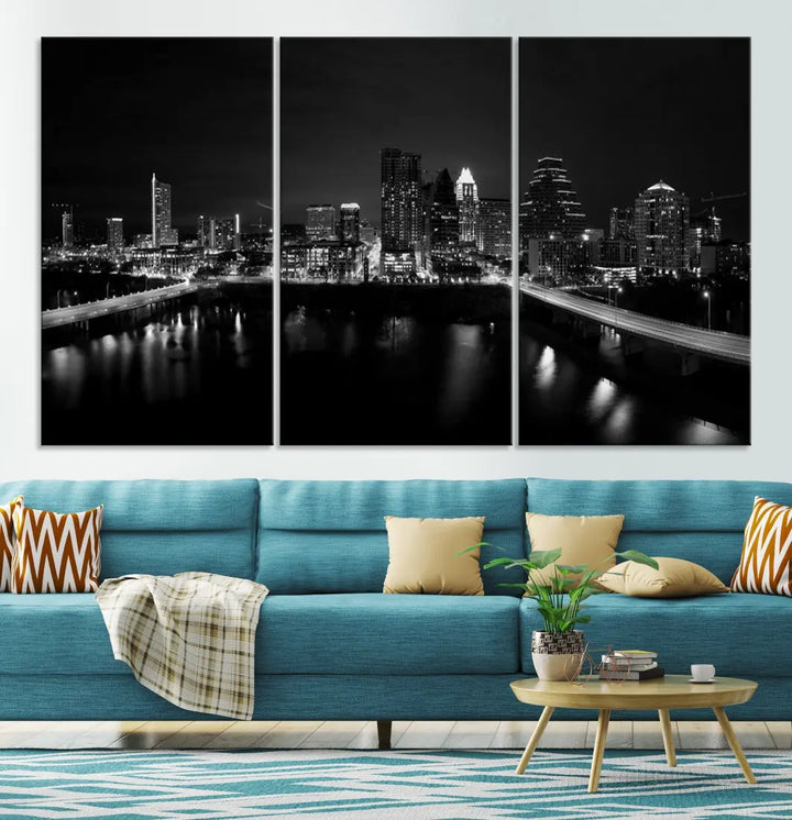 Austin City Skyline Black and White Cityscape Wall Art Large Canvas Print