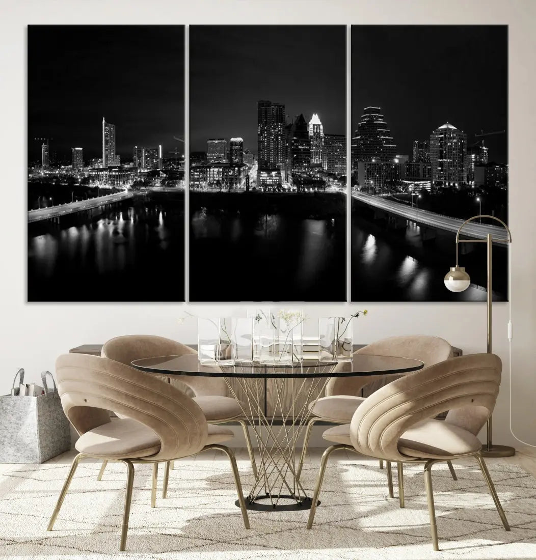 Austin City Skyline Black and White Cityscape Wall Art Large Canvas Print