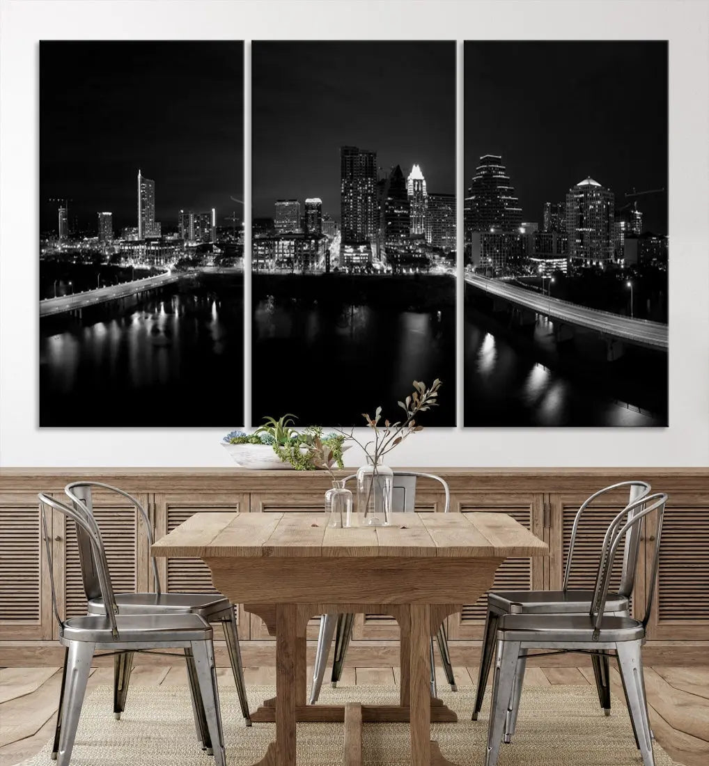 Austin City Skyline Black and White Cityscape Wall Art Large Canvas Print