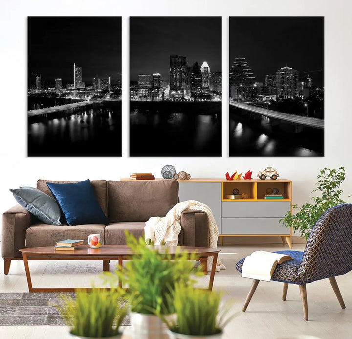 Austin City Skyline Black and White Cityscape Wall Art Large Canvas Print