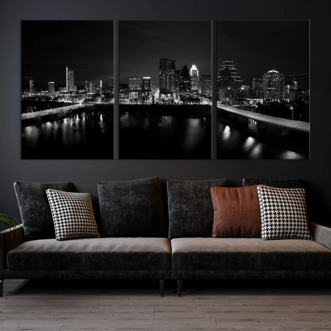 Austin City Skyline Black and White Cityscape Wall Art Large Canvas Print