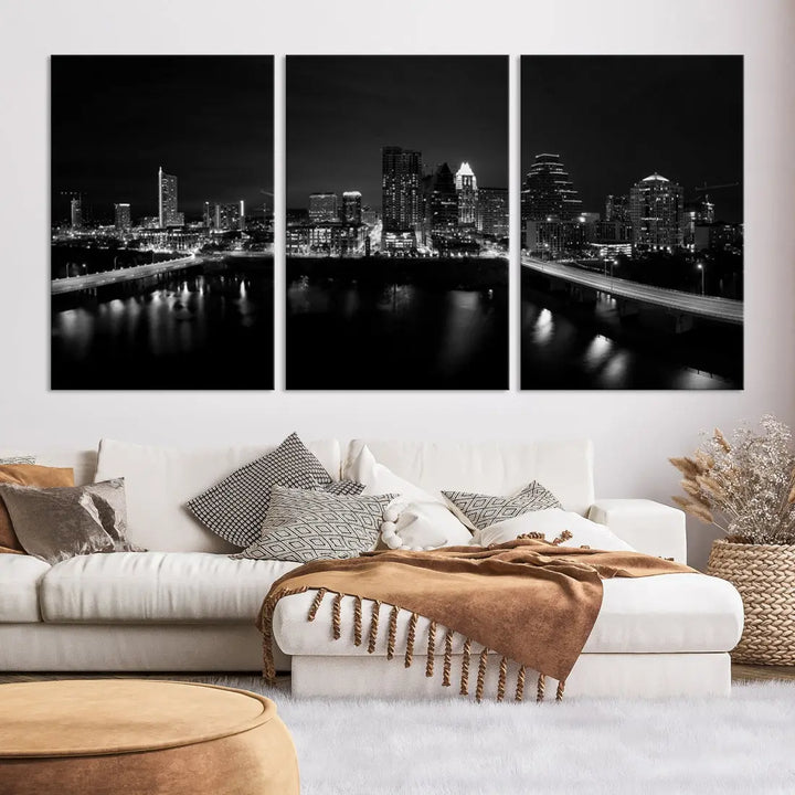 Austin City Skyline Black and White Cityscape Wall Art Large Canvas Print