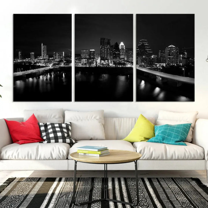 Austin City Skyline Black and White Cityscape Wall Art Large Canvas Print