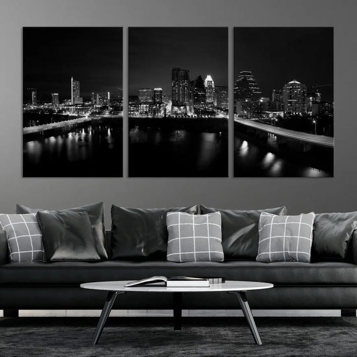 Austin City Skyline Black and White Cityscape Wall Art Large Canvas Print