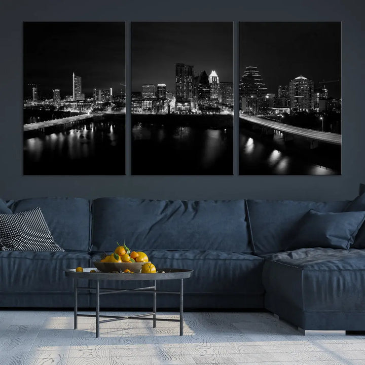 Austin City Skyline Black and White Cityscape Wall Art Large Canvas Print