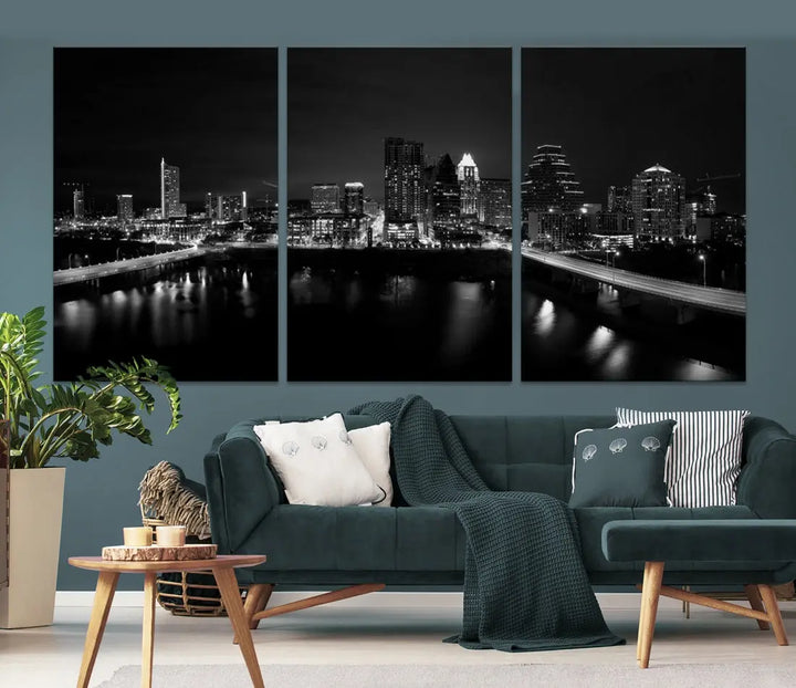 Austin City Skyline Black and White Cityscape Wall Art Large Canvas Print