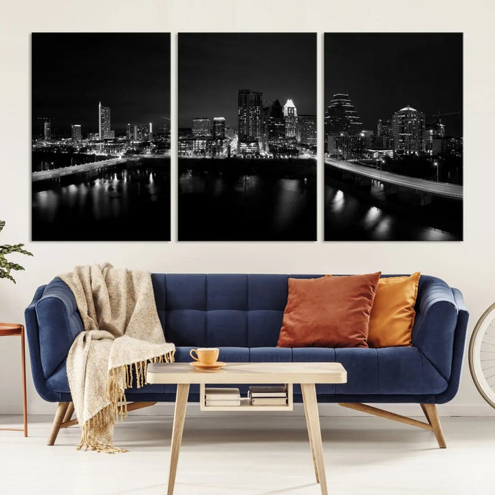 Austin City Skyline Black and White Cityscape Wall Art Large Canvas Print