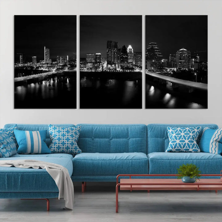 Austin City Skyline Black and White Cityscape Wall Art Large Canvas Print