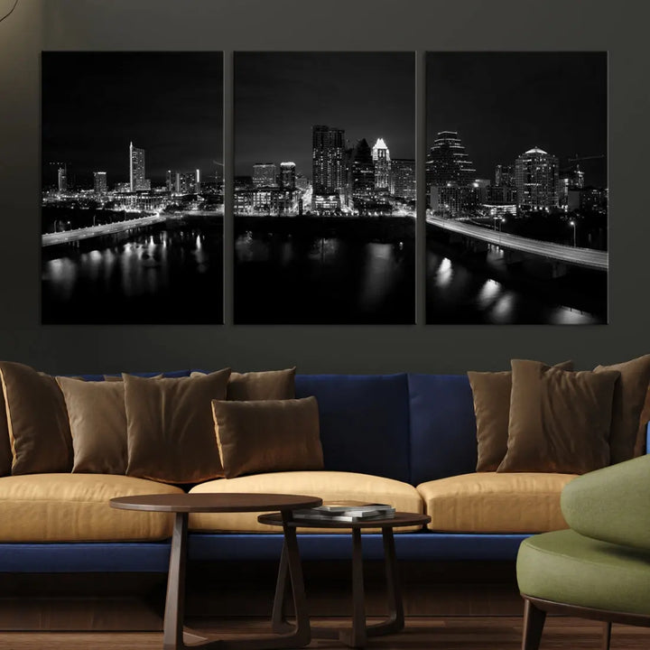 Austin City Skyline Black and White Cityscape Wall Art Large Canvas Print