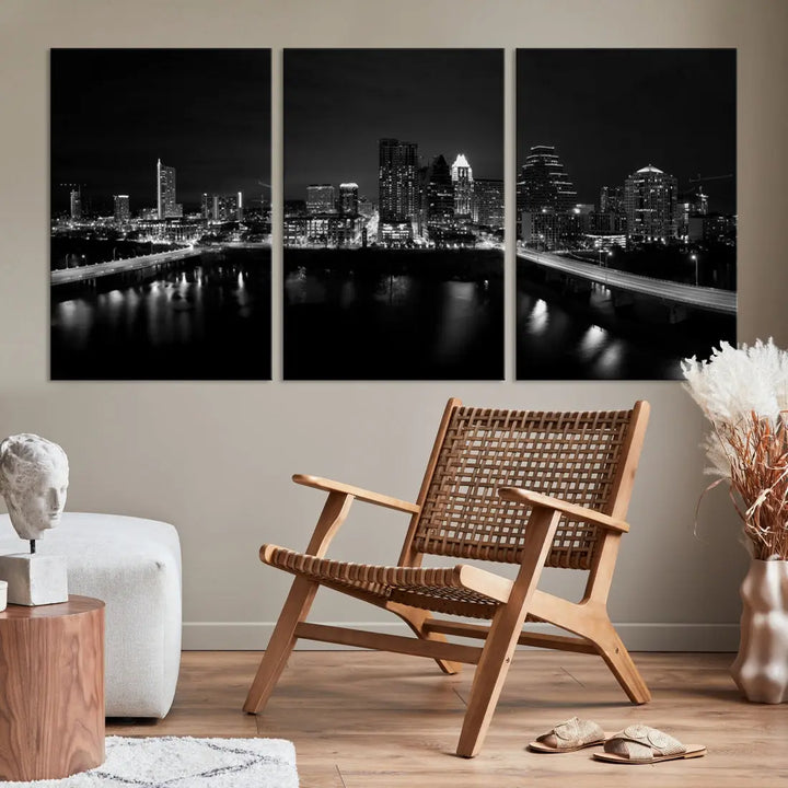 Austin City Skyline Black and White Cityscape Wall Art Large Canvas Print