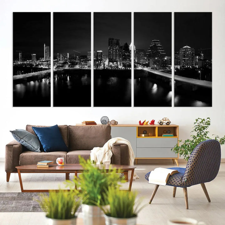 Austin City Skyline Black and White Cityscape Wall Art Large Canvas Print