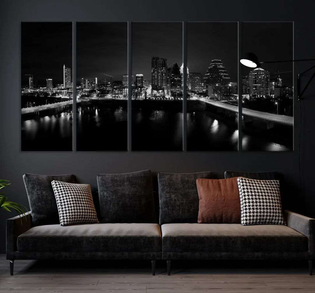 Austin City Skyline Black and White Cityscape Wall Art Large Canvas Print