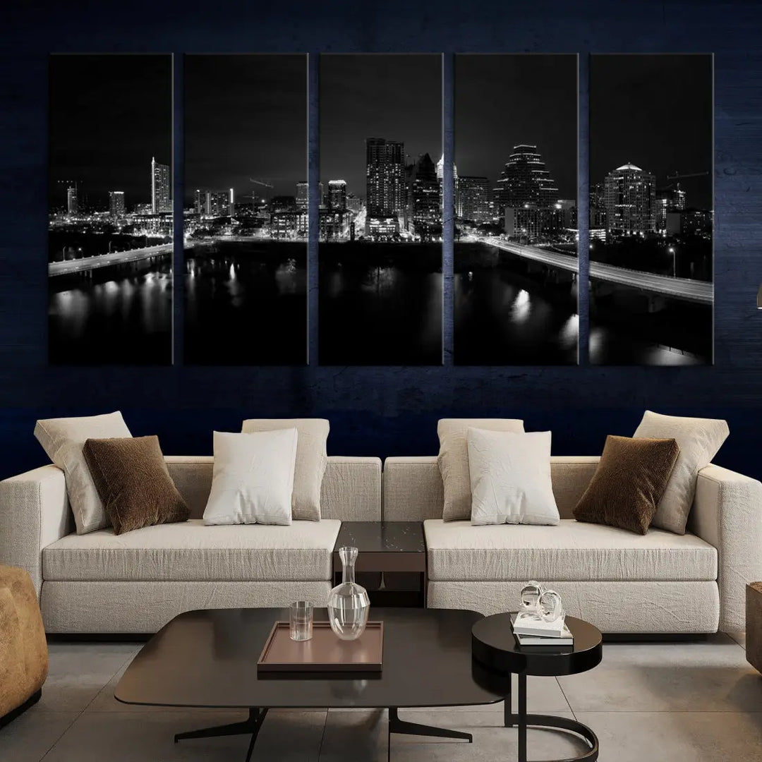 Austin City Skyline Black and White Cityscape Wall Art Large Canvas Print