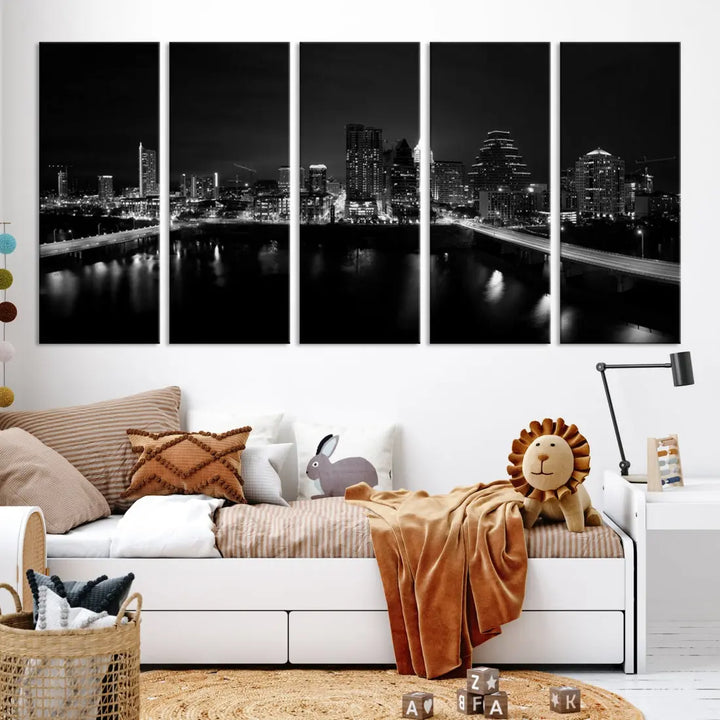 Austin City Skyline Black and White Cityscape Wall Art Large Canvas Print