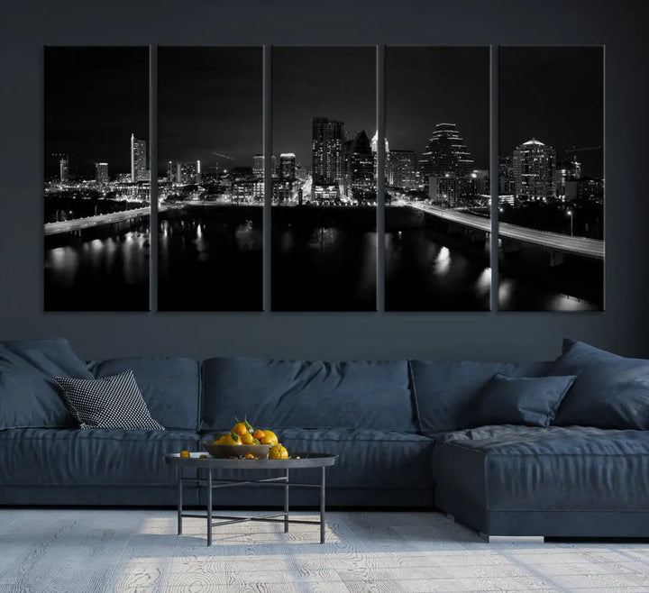 Austin City Skyline Black and White Cityscape Wall Art Large Canvas Print